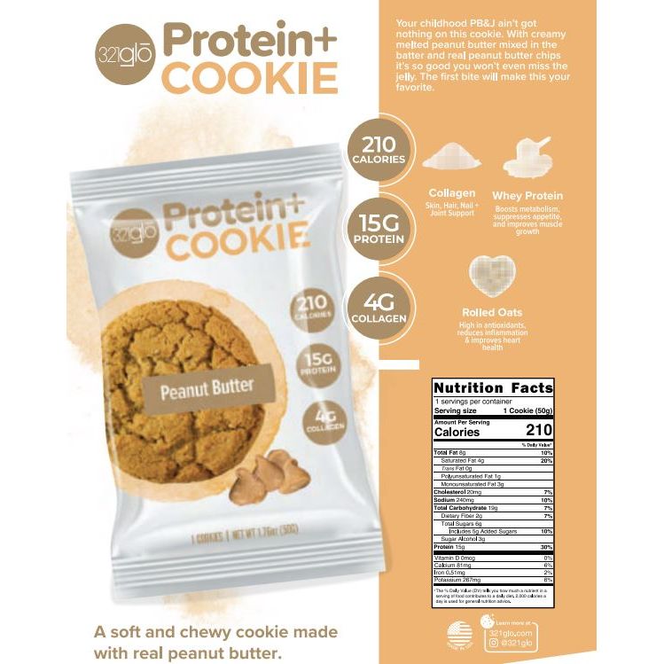 321GLO Protein+ Cookie (1 cookie) Protein Snacks Chocolate Chip,Peanut Butter,Snickerdoodle 321GLO