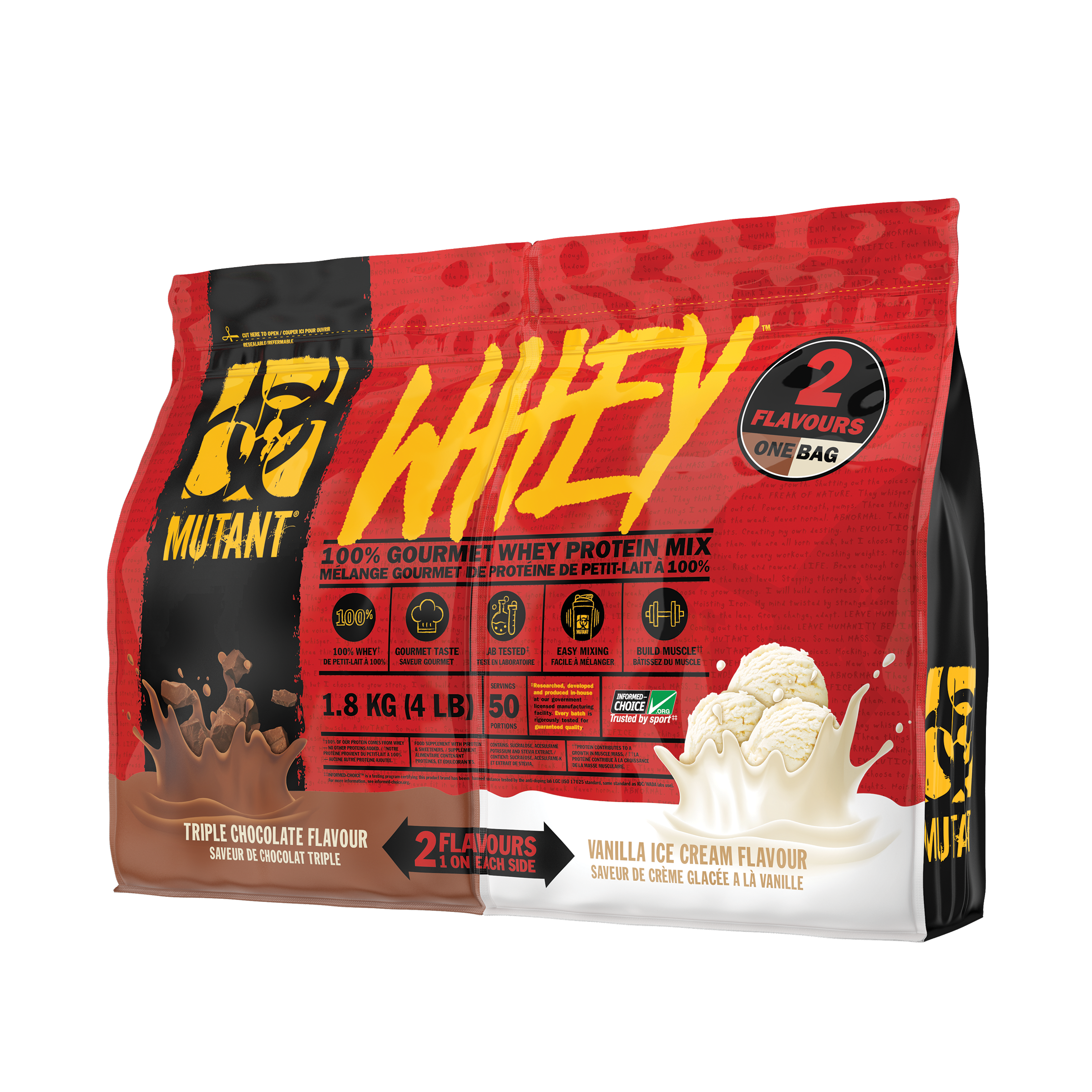 Mutant Whey Dual chamber (4lb/2 flavours in one bag) Whey Protein Triple Chocolate & Vanilla Mutant
