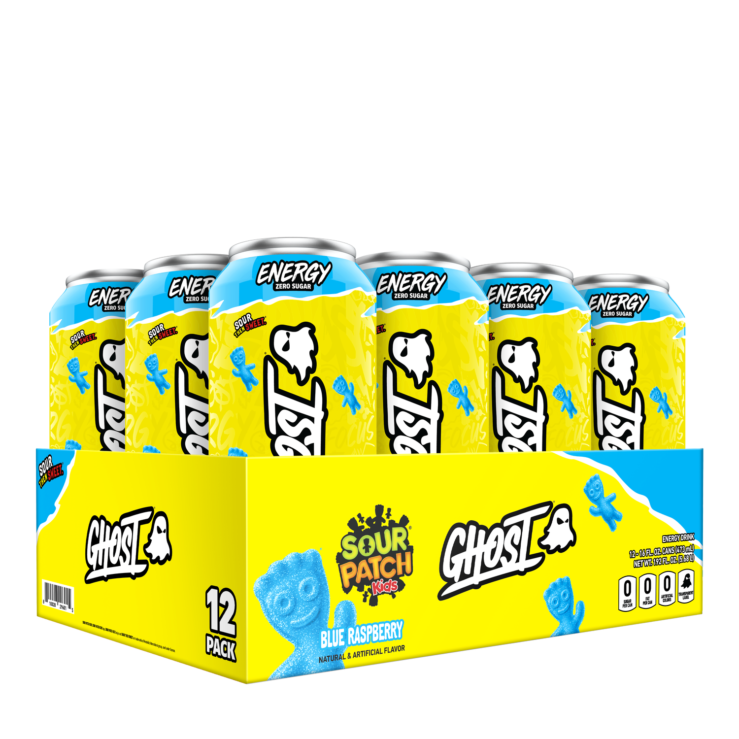 GHOST Energy Drink (1 case of 12 cans) Protein Snacks Blue Raspberry Sour Patch Kids GHOST