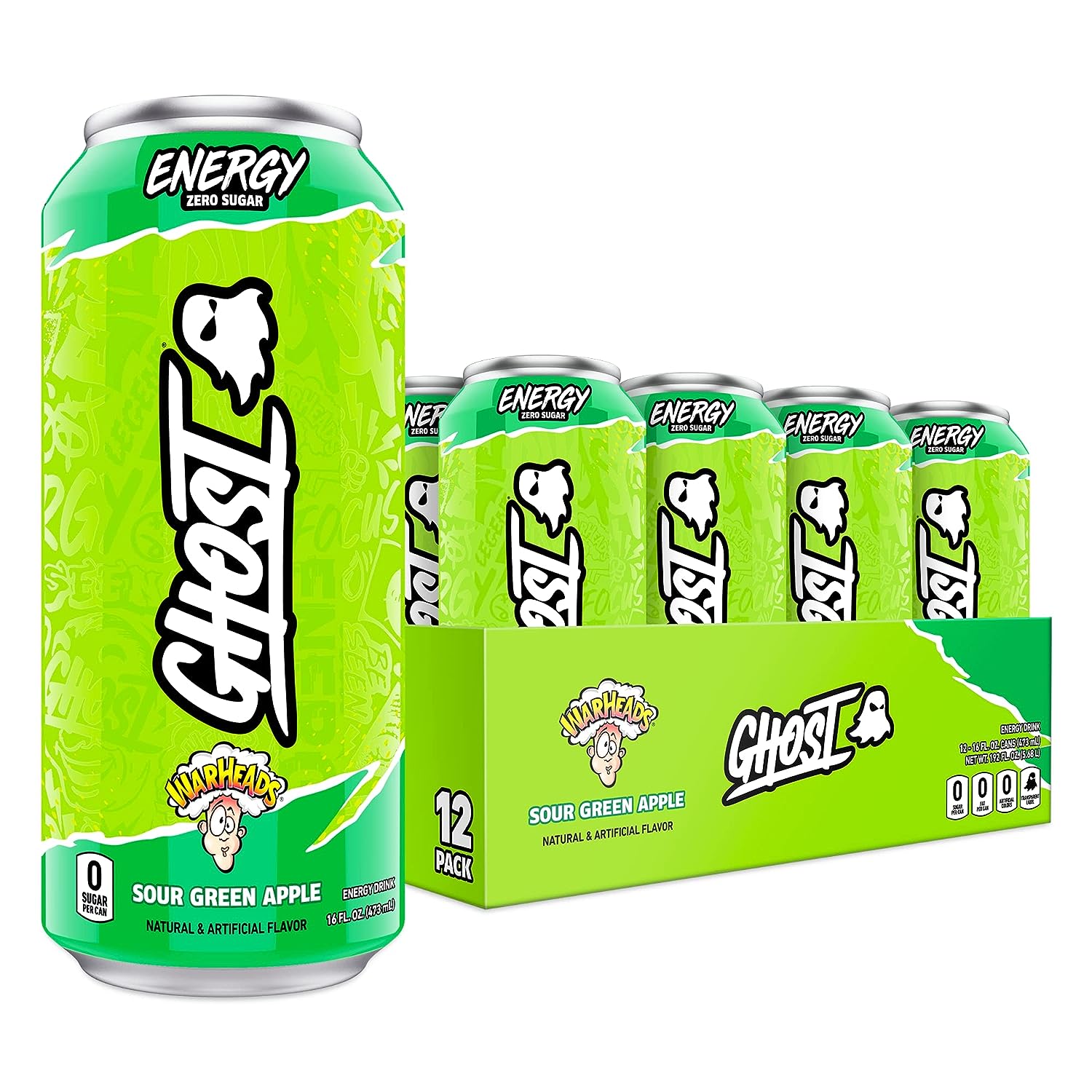 GHOST Energy Drink (1 case of 12 cans) Protein Snacks Sour Green Apple GHOST