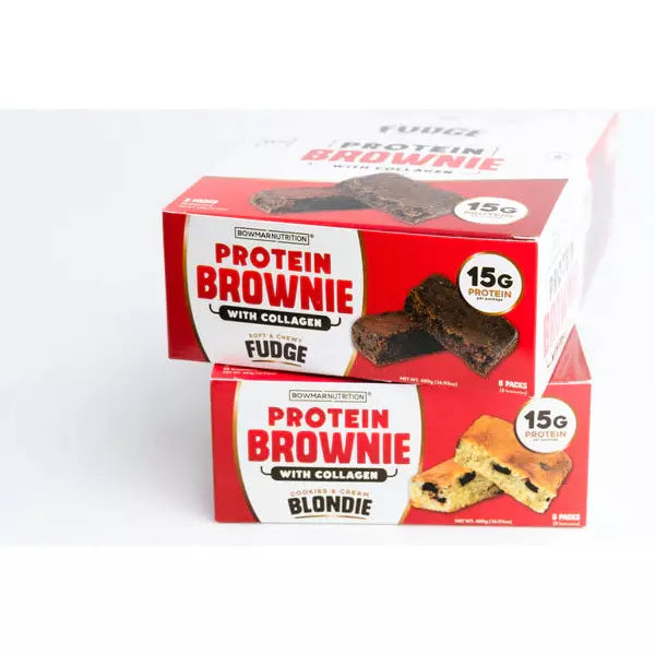 Bowmar Nutrition Protein Brownie (1 BOX of 8) Protein Snacks Fudge (gluten free),Cookies And Cream Blondie (CONTAINS GLUTEN! printing error on the label) Bowmar Nutrition